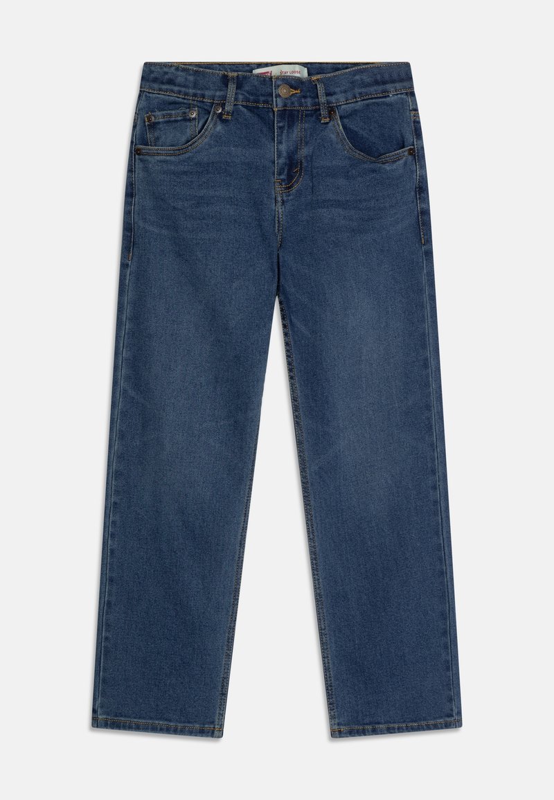 Vaqueros de mezclilla azul con un diseño de pierna recta, cinco bolsillos y detalles de costura sutiles. Presenta un cierre de botón estándar y una etiqueta en la cinturilla.