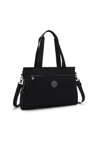 Black fabric tote bag with dual handles and detachable shoulder strap. Features a front zip pocket and a circular brand logo. Smooth texture.