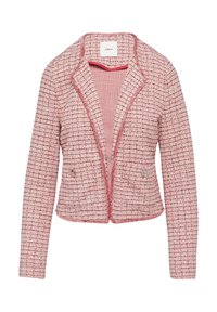 Roze tweed blazer met een textuurpatroon, notch-kraag, open voorkant en twee voorzakken. Bevat subtiele rode stikdetails.