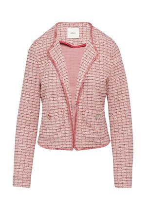 Roze tweed blazer met een textuurpatroon, notch-kraag, open voorkant en twee voorzakken. Bevat subtiele rode stikdetails.