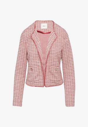 Roze tweed blazer met een textuurpatroon, notch-kraag, open voorkant en twee voorzakken. Bevat subtiele rode stikdetails.