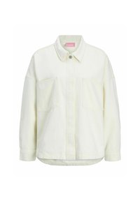 Giacca in denim bianco con colletto, due tasche a toppa frontali, spalle basse e chiusura con bottoni. Tessuto morbido e vestibilità rilassata.
