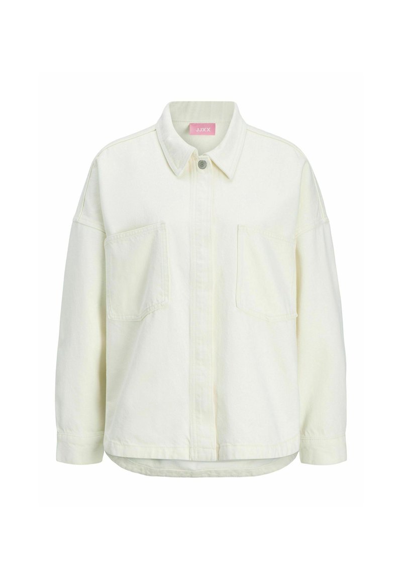 Giacca in denim bianco con colletto, due tasche a toppa frontali, spalle basse e chiusura con bottoni. Tessuto morbido e vestibilità rilassata.