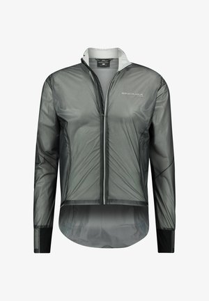 Veste de cyclisme légère grise avec une fermeture éclair avant, des manches longues et un col montant. Présente des accents noirs et un tissu respirant et brillant.