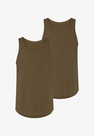 Twee mouwloze tanktops in een gedempt olijfgroen, gemaakt van zachte stof, met een ronde halslijn en een rechte zoom.
