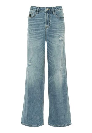 Jeans taille haute bleu clair à jambe large avec une finition délavée, des détails usés et un design à cinq poches. Fabriqués en denim doux avec des coutures visibles.