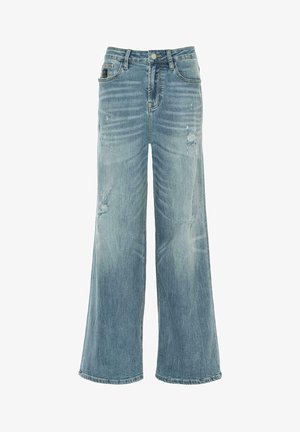Lichtblauwe wijde spijkerbroek met een vervaagd effect, versleten details en een vijf-pocket ontwerp. Gemaakt van zachte denim met zichtbare stiksels.