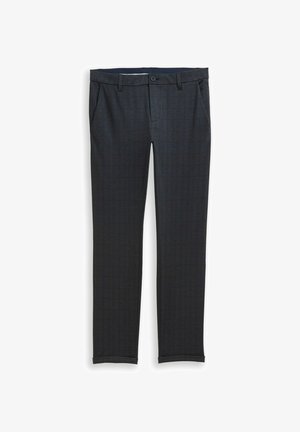 Dunkelgraue Hose mit einem dezenten Kari Muster, aus glattem Stoff gefertigt. Verfügt über Fronttaschen und einen Knopfverschluss an der Taille.