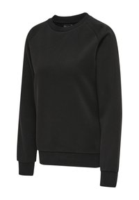 Sweat-shirt noir à manches longues avec col rond, poignets et ourlet côtelés, en tissu lisse, présenté sur fond blanc.