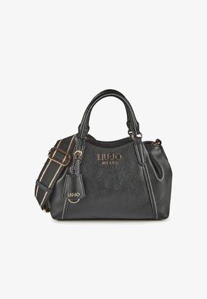Black textured leather Liu Jo Milano handbag with two handles, adjustable striped shoulder strap, and gold-tone logo and hardware details.