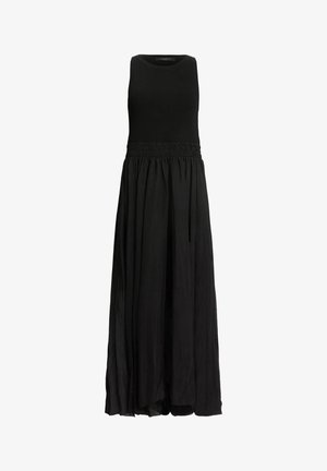 Schwarzes Maxikleid mit einem ribbed Tanktop-Oberteil und einem elastischen Bund, aus glattem, fließendem Stoff und einem bodenlangen Rock.