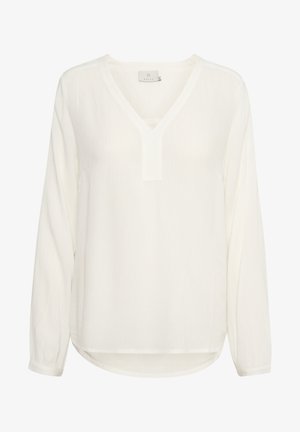 Valkoinen pitkähihaisista pusero, jossa on V-pääntie ja teksturoitu kangas. Ominaisuuksiin kuuluu suora leikkaus ja pyöristetty helma väljää istuvuutta varten. Brändilogo näkyvissä.