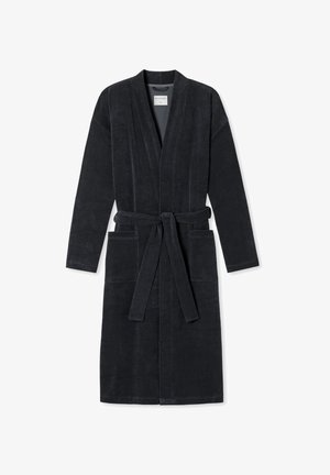 Peignoir de bain gris foncé en terry doux, avec un design enveloppant, des manches longues, deux poches frontales et une ceinture assortie.