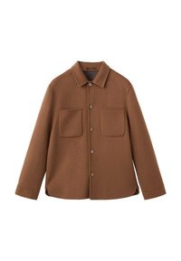 Giacca di lana marrone con colletto, chiusura anteriore a bottoni e due tasche sul petto. Il tessuto sembra morbido con una finitura testurizzata.