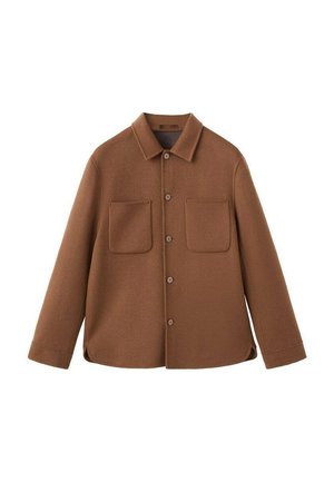 Giacca di lana marrone con colletto, chiusura anteriore a bottoni e due tasche sul petto. Il tessuto sembra morbido con una finitura testurizzata.