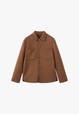 Giacca di lana marrone con colletto, chiusura anteriore a bottoni e due tasche sul petto. Il tessuto sembra morbido con una finitura testurizzata.