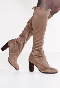 Botas de ante beige hasta la rodilla con puntera redondeada y tacón apilado. Presentan un cierre de cremallera lateral y un lazo decorativo en la parte superior del caña.