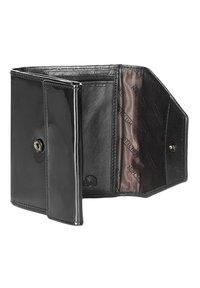 Portefeuille en cuir verni noir avec un extérieur brillant, fermeture à pression, plusieurs emplacements pour cartes et une doublure intérieure lisse présentant un motif de logo subtil.