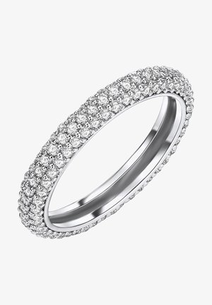 Fehérarany gyűrű, kis kerek csiszolású cirkóniával borított szalaggal, amely folyamatos csillogást teremt a felületén.