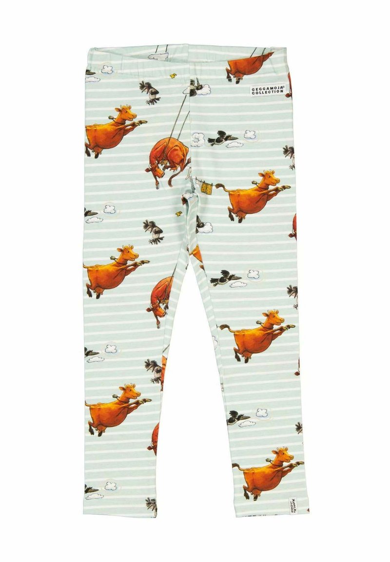 Leggings med en ljus mintgrön bakgrund som har lekfulla orangea ko-mönster, vita ränder och en mjuk, slät textur.