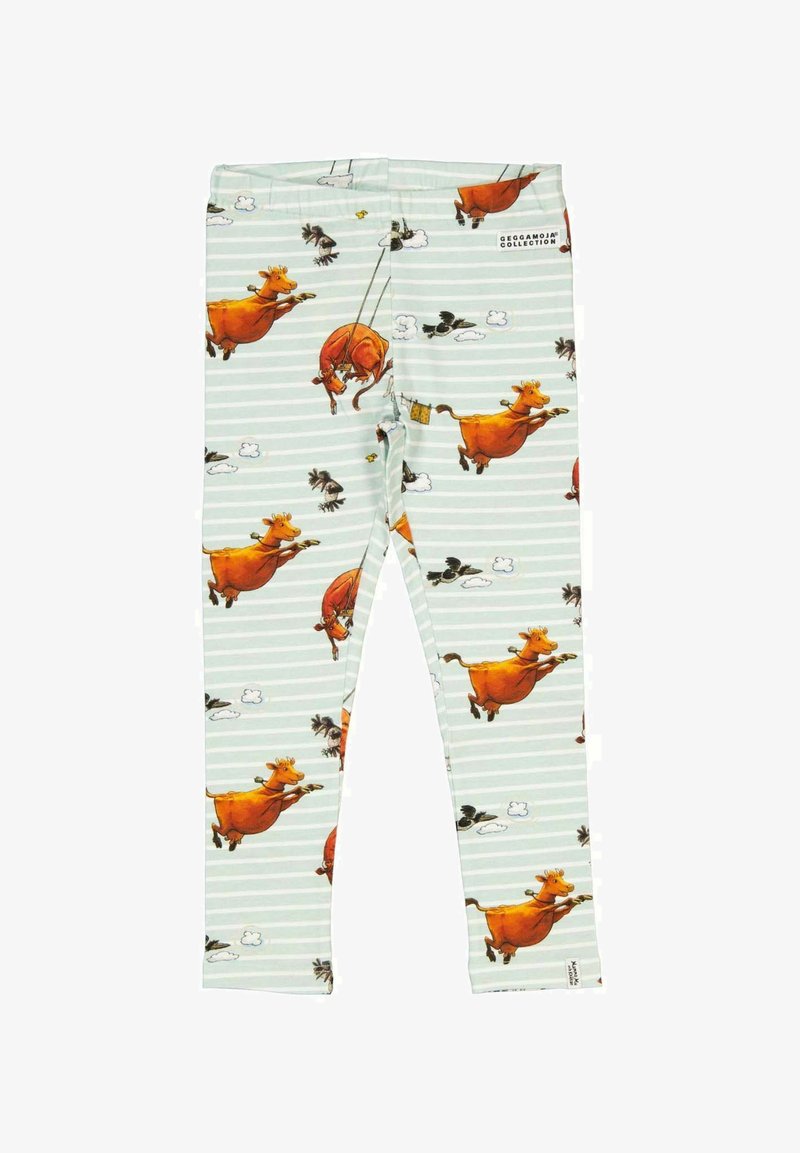 Leggings med en ljus mintgrön bakgrund som har lekfulla orangea ko-mönster, vita ränder och en mjuk, slät textur.