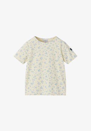 Cream short-sleeve ribbed shirt with small blue floral print and round neckline, featuring a small black tag on the left sleeve.