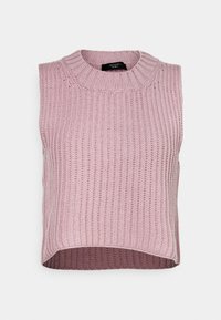 Mouwloze, gebreide pullover in lichtroze met een geribbelde textuur, voorzien van een ronde halslijn en een cropped zoom. De achterkant is donkerder roze.