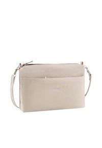 Beige rechteckige Umhängetasche mit Vordertasche, silbernem Reißverschluss, abnehmbarem Riemen und dezentem "Picard"-Logo vorne.