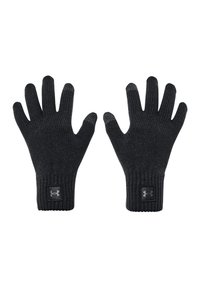 Black knitted gloves with ribbed cuffs and a small black logo patch on the wrist area. Made of flexible, textured material.