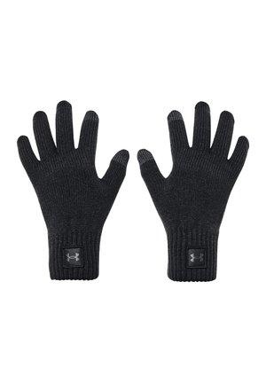 Black knitted gloves with ribbed cuffs and a small black logo patch on the wrist area. Made of flexible, textured material.