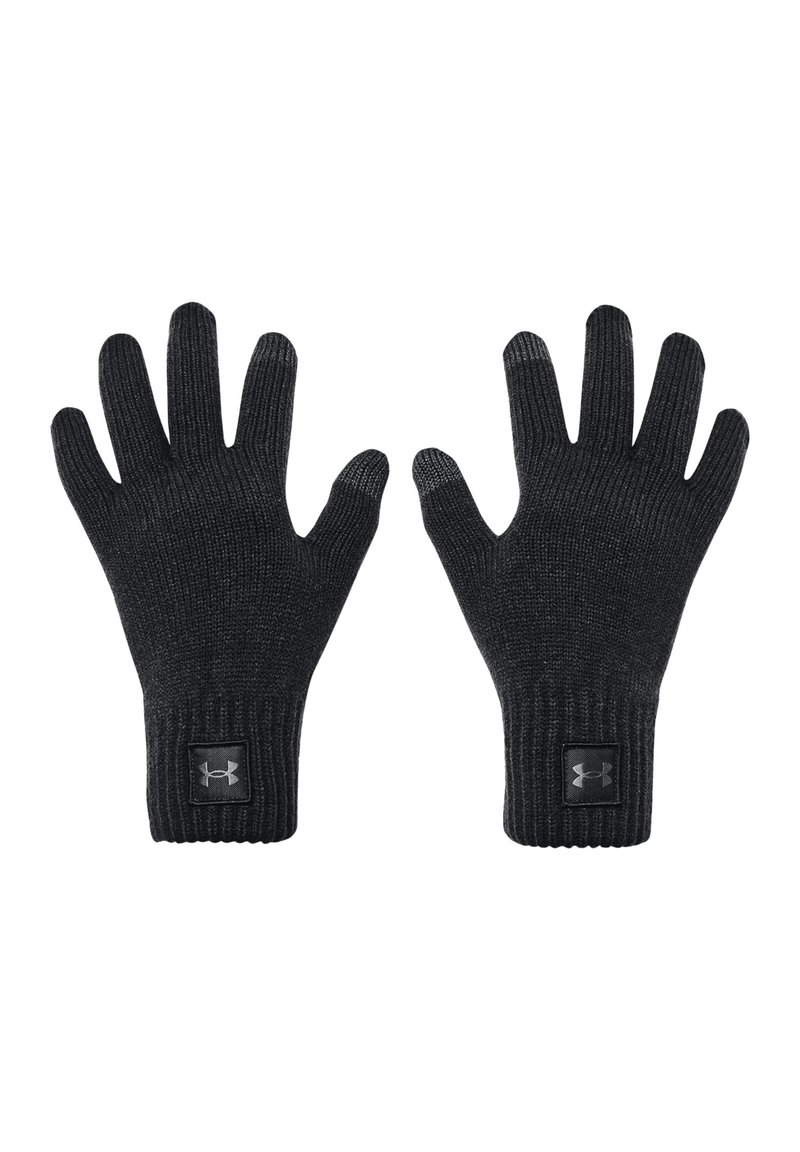 Black knitted gloves with ribbed cuffs and a small black logo patch on the wrist area. Made of flexible, textured material.