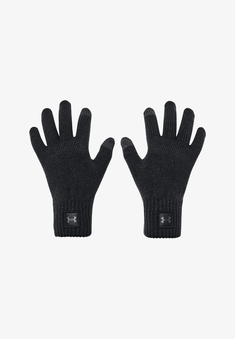 Gants en tricot noirs avec des poignets côtelés et un petit patch logo noir sur la zone du poignet. Fabriqués en matériau flexible et texturé.