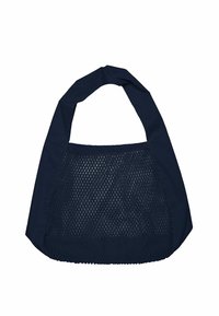 Námornícky modrá opakovane použiteľná nákupná taška s širokým rúčkom a sieťovanou prednou časťou pre ventiláciu a viditeľnosť.