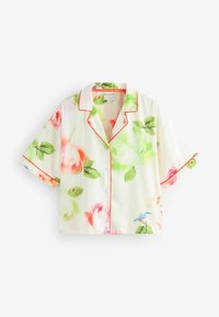 Korte mouw bloemencamisa in roomkleur met levendige roze en groene bloemen, rode piping en een knoopsluiting aan de voorkant. Lichtgewicht stof met een relaxte fit.