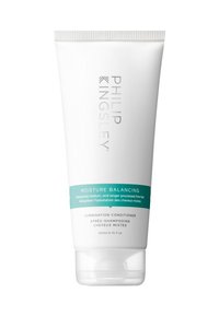 Weißer Behälter mit silberner Schrift, türkisfarbener Akzentband und Klappdeckel. Das Etikett besagt "Feuchtigkeitsausgleich" Conditioner für feines Haar. 200 ml.