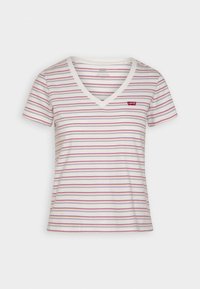 Hvid v-hals t-shirt med tynde vandrette striber i rød, pink og blå. Har et lille rødt brandlogo på venstre bryst. Blødt bomulds materiale.