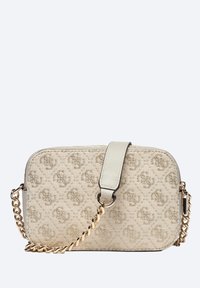 Borsa a tracolla beige con tessuto testurizzato, motivo impresso, hardware argentato e tracolla in oro. Presenta una chiusura con zip superiore e patta.