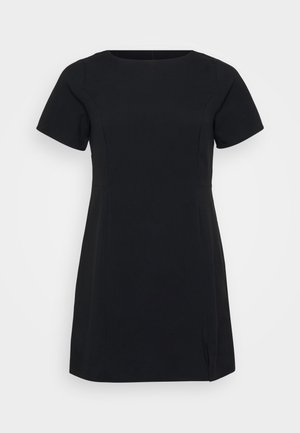 Short black dress with short sleeves, round neckline, and side slits. Made from smooth fabric with a fitted design and minimal stitching details.