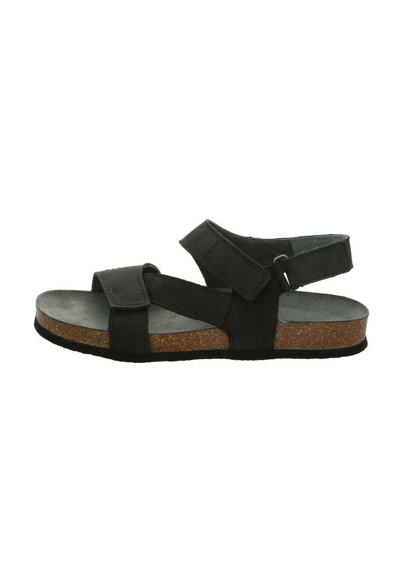 Schwarze Sandale mit zwei verstellbaren Riemen, Korkfußbett und strukturiertem Profil. Das Obermaterial wirkt glatt und hat ein offenes Design an der Zehenpartie.