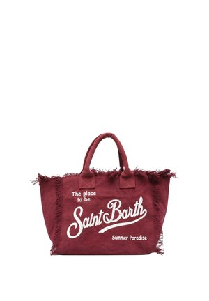 Borsa a tracolla in tessuto color granata con bordi sfrangiati e scritta "The place to be Saint Barth Summer Paradise" in bianco sul davanti.