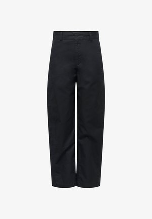 Pantaloni neri a gamba dritta con passanti per cintura, tasche frontali e chiusura lampo, mostrati su uno sfondo bianco.