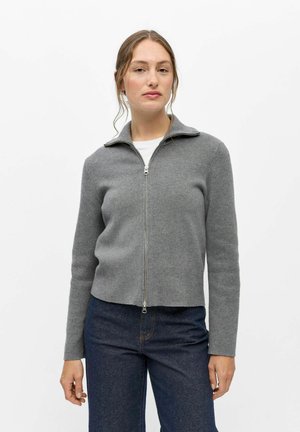 Kvinde iført en grå lynlåstrøje over en hvid skjorte og mørkeblå jeans, står foran en ensfarvet hvid baggrund.