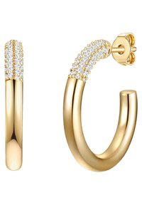 Zlate obroče za ušesa imajo gladko površino, okrašeno z vrsto prozornih kristalov vzdolž zgornjega dela, kar nudi teksturno kontrast.