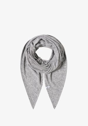 Bufanda de punto gris con una textura suave, con un diseño en bucle y puntas en forma de punta. Etiqueta visible con la marca "CECIL".