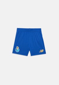 Zilas futbols šorts, kas izgatavoti no elpojoša materiāla, ar FC Porto logo uz kreisā kājas un zelta New Balance logo uz labās.