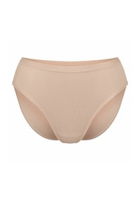 Beige Hipster-Unterwäsche aus weichem, dehnbarem Material mit glatter Oberfläche. Verfügt über einen tief sitzenden Bund und ein volles Deckendesign.