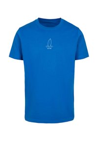 Blå bomuld T-shirt med rund halsudskæring. Har et hvidt grafisk motiv af et surfbræt over teksten "surf vibes" på brystet.