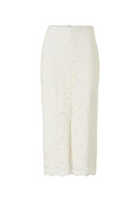 Jupe crayon en dentelle blanc cassé avec un motif floral, longueur genoux, avec une fente sur le côté et une fermeture éclair dissimulée à l'arrière.