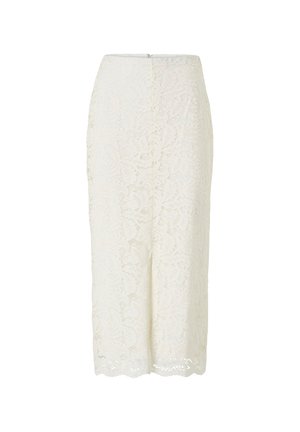 Blonde pencil skirt i off-white med et blomstermønster, knælang, med en sideslids og en skjult lynlås bagpå.