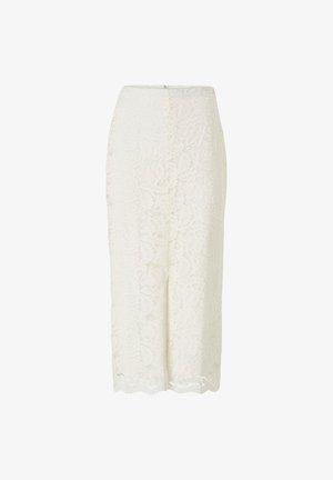 Gonna a matita in pizzo bianco sporco con motivo floreale, lunghezza al ginocchio, dotata di uno spacco laterale e una cerniera nascosta sul retro.